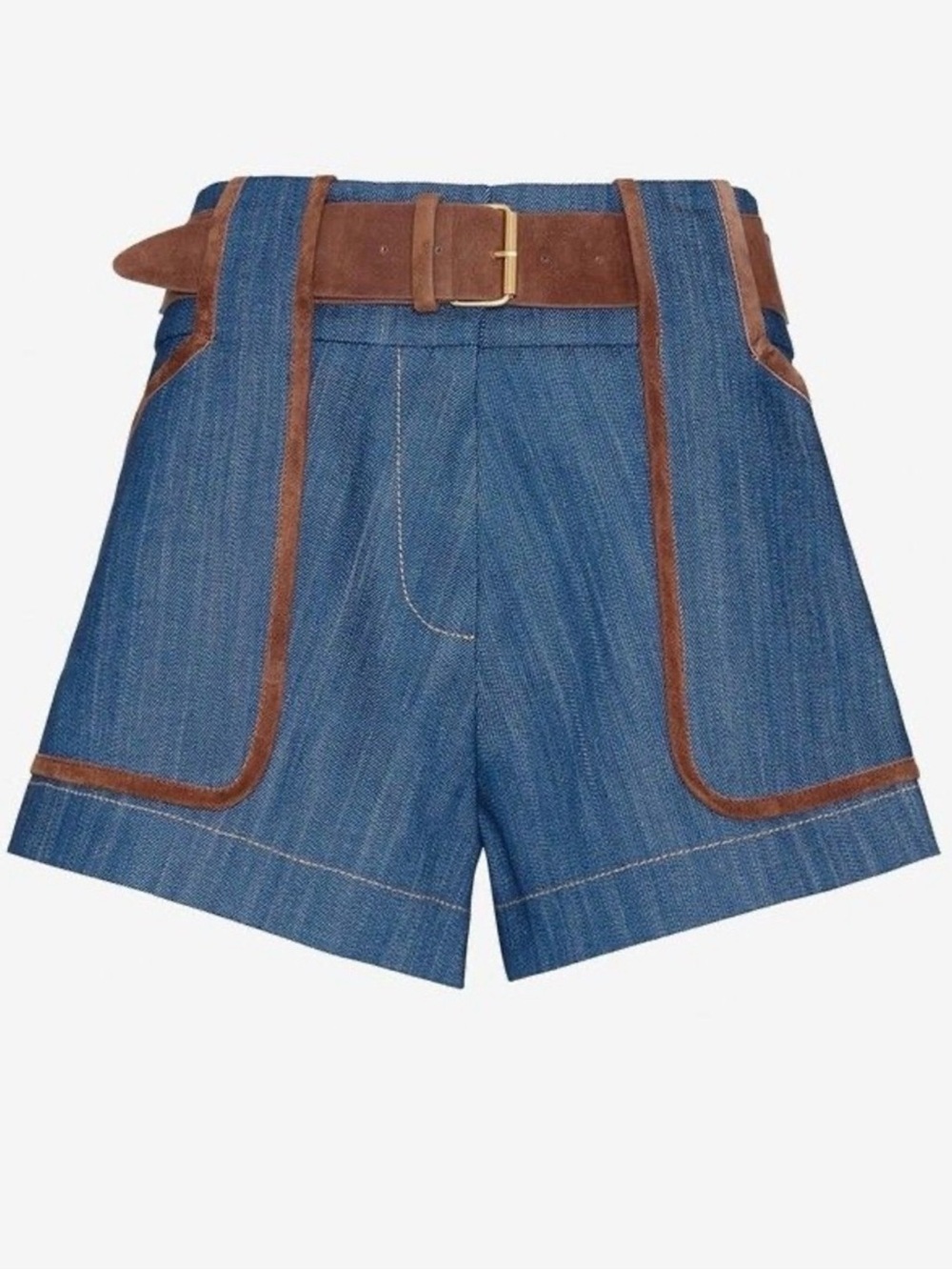 Derek Lam 10 Crosby INTERMIX Shorts Blue HR DARK Wash Saddle Brown Leather Sz 0 - Picture 1 of 13